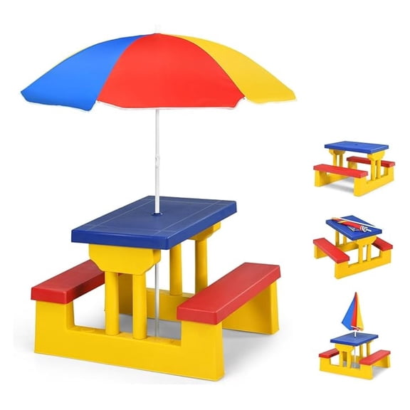 Kids Picnic Table, Kids Outdoor Table and Chairs with Removable and Adjustable Umbrella, Portable Toddler Picnic Table for Patio, Backyard, Garden (Colorful)