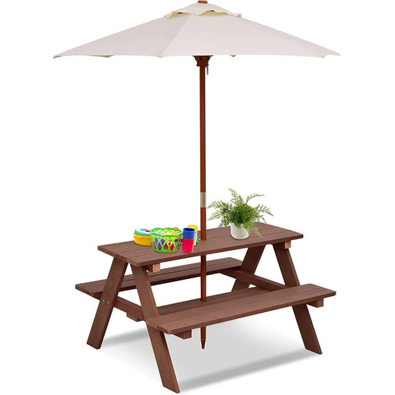 Kids Picnic Table, Outdoor Wooden Bench Set w/Removable Umbrella, Children Backyard Furniture for Patio Garden, Toddler Picnic Table for Outdoors, Gift for Boys Girls,