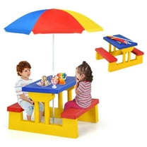 Kids Picnic Table, Toddler Picnic Table with Removable & Foldable Umbrella, Plastic Children Patio Furniture for Garden Backyard, Kids Outdoor Table, Multicolored