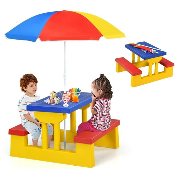 Kids Picnic Table, Toddler Picnic Table with Removable & Foldable Umbrella, Plastic Children Patio Furniture for Garden Backyard, Kids Outdoor Table, Multicolored