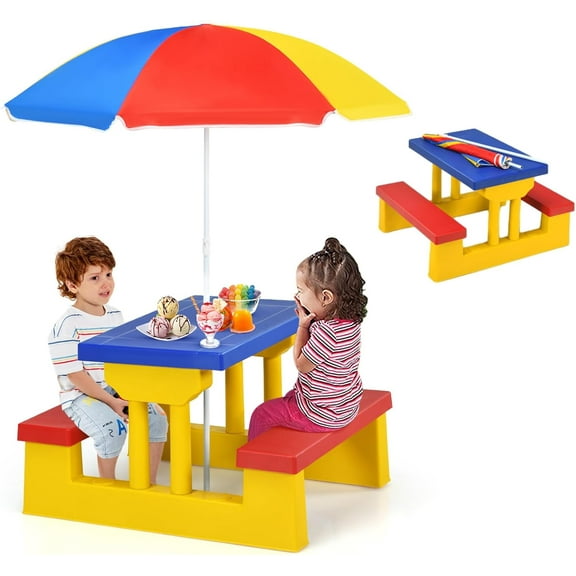 Kids Picnic Table, Toddler Picnic Table with Removable & Foldable Umbrella, Plastic Children Patio Furniture for Garden Backyard, Kids Outdoor Table, Multicolored