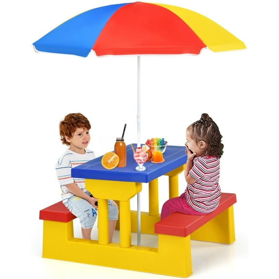Kids Picnic Table, Toddler Plastic Outdoor Desk &  Set w/Removable Adjustable Umbrella, Gift for Boys Girls 3+, Kids Outdoor Table for Patio, Backyard, Sand Play, Camping (Colorful)