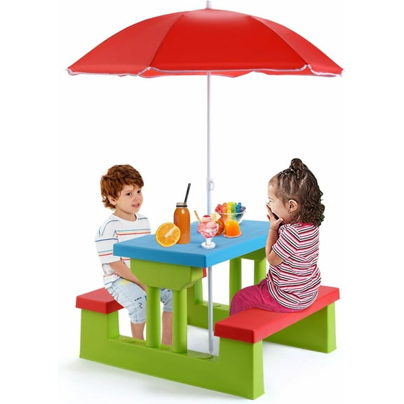 Kids Picnic Table, Toddler Plastic Outdoor Desk & Set w/Removable Adjustable Umbrella, Gift for Boys Girls 3+, Kids Outdoor Table for Patio, Backyard, Sand Play, Camping