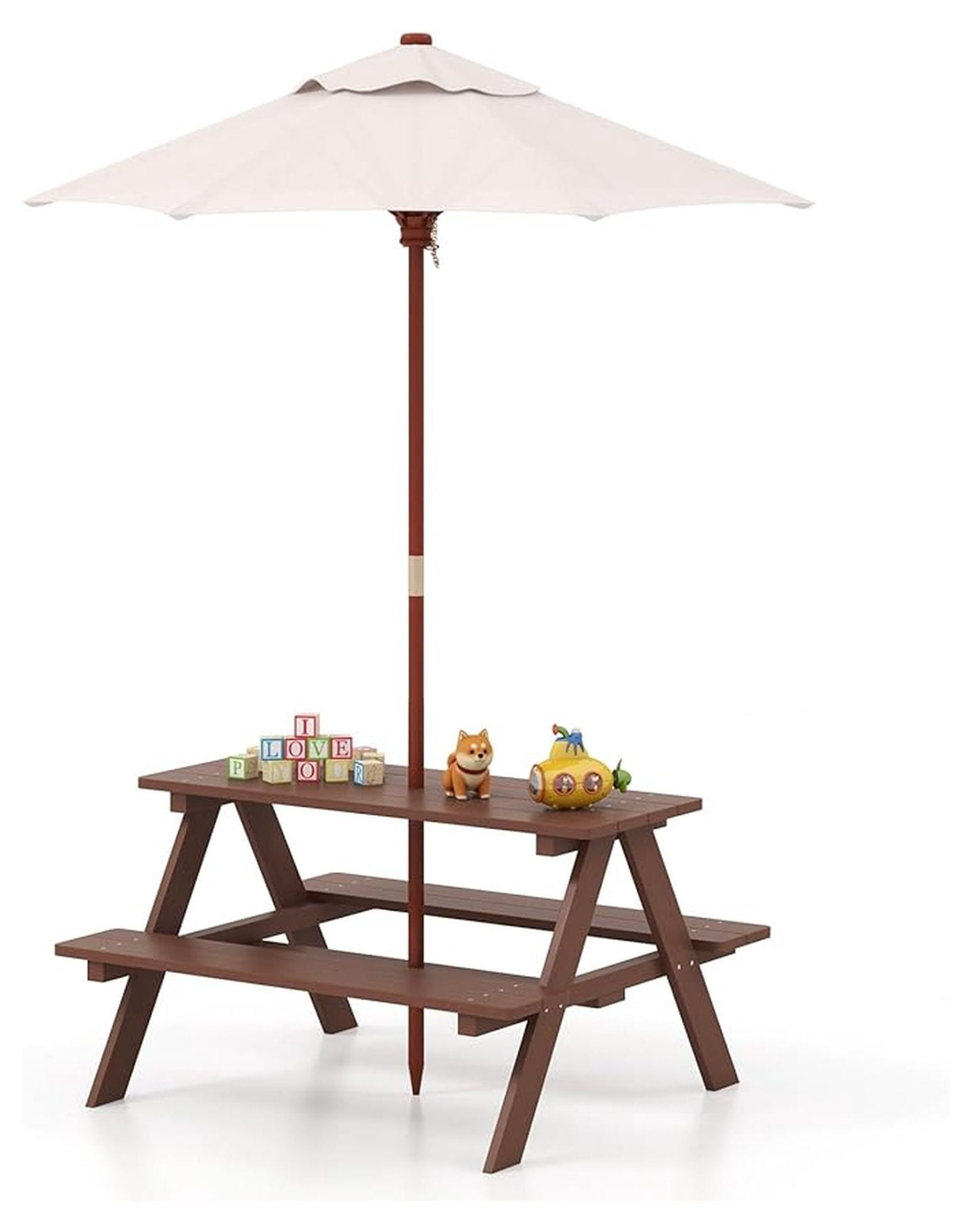 Kids Picnic Table with Umbrella Foldable, Wooden Kids Table & Benches ...