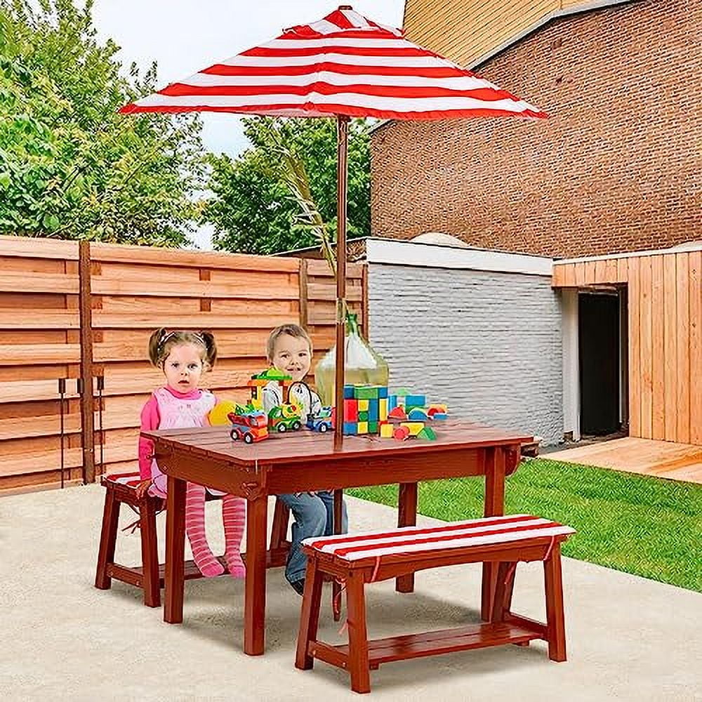Kids Picnic Table with Umbrella, Outdoor Wooden Table & Bench Set w ...