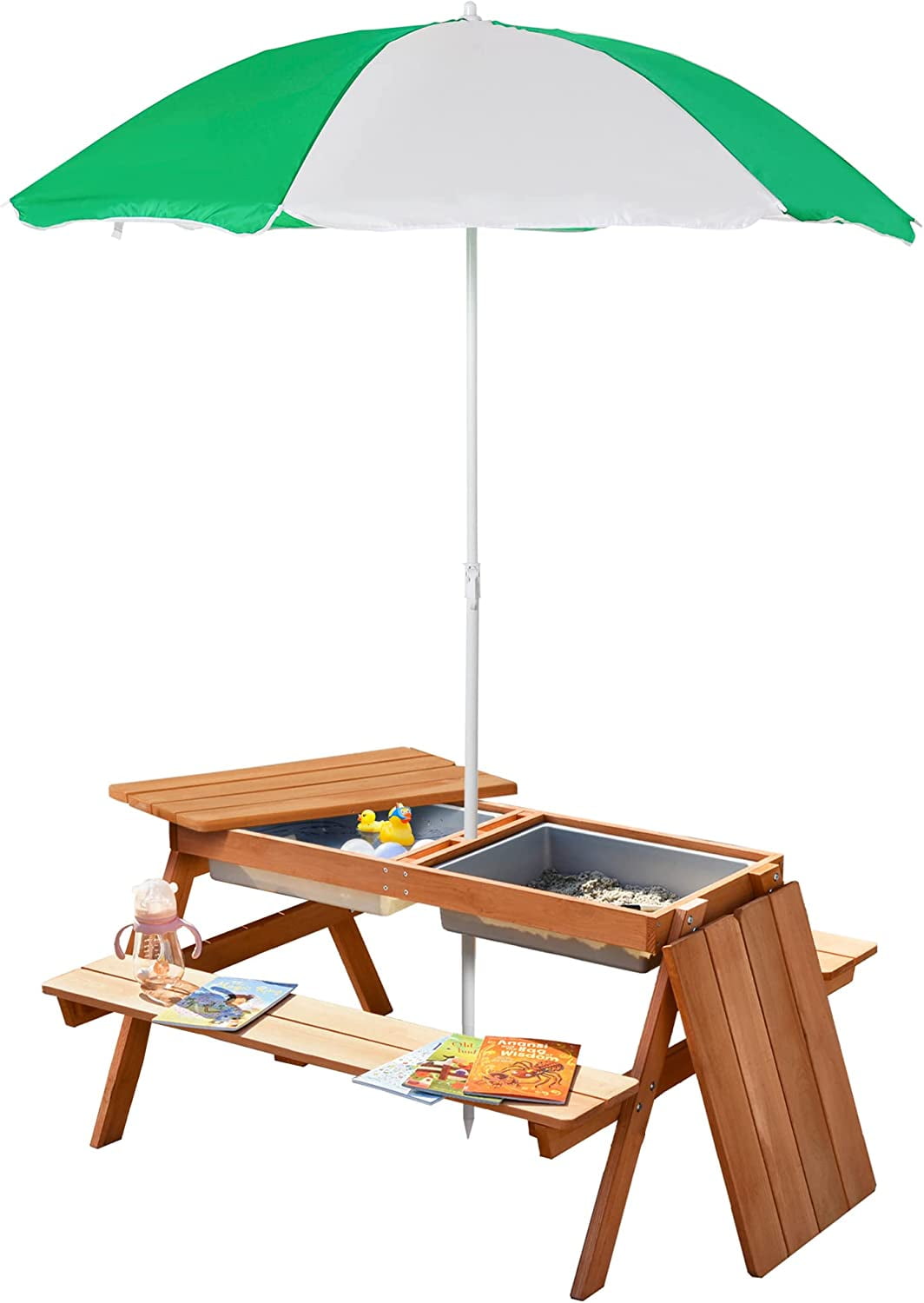 Kids Picnic Table with Umbrella and Storage Inside, Sand and Water