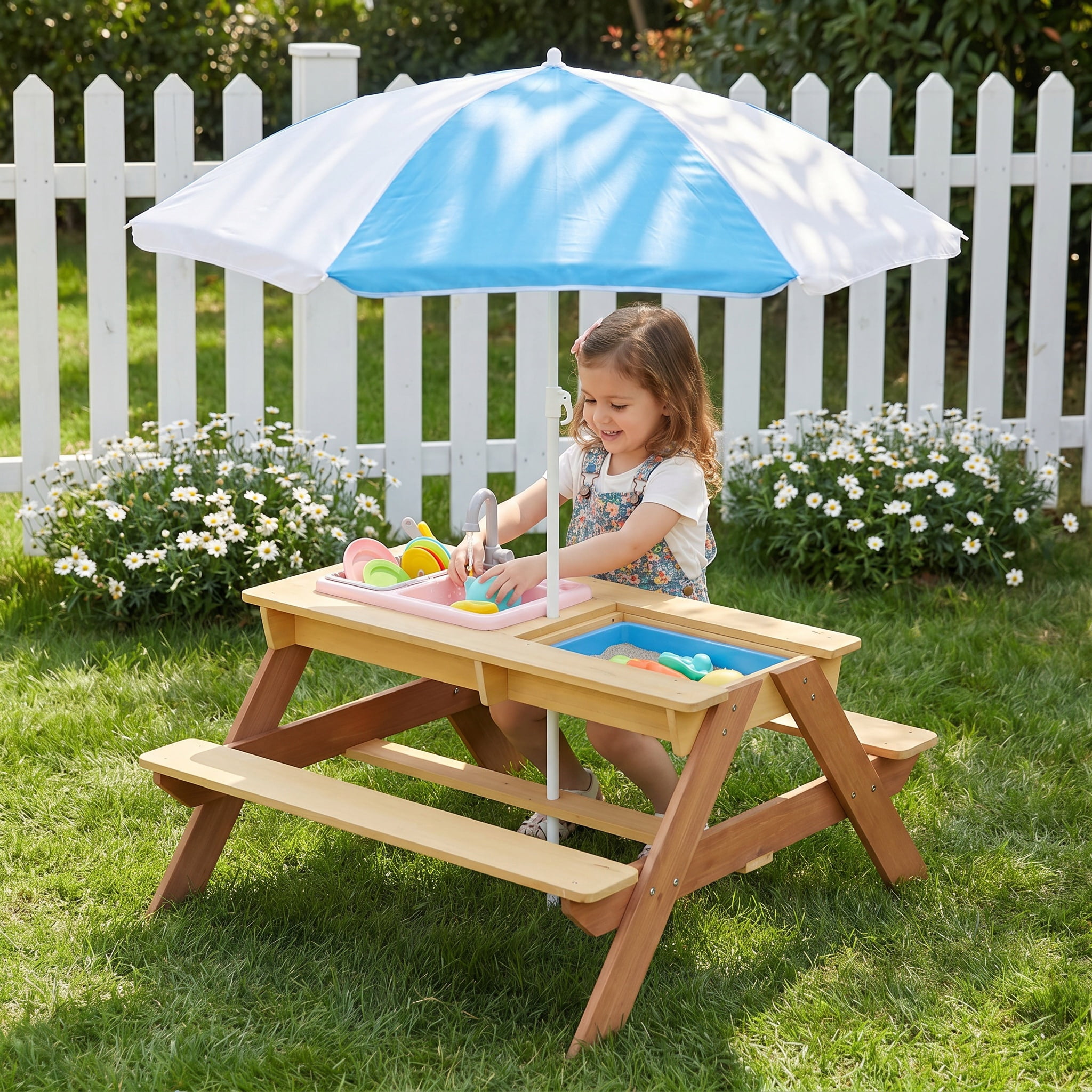 Kids Picnic Table, Wooden Sand Water Activity Table with Umbrella for Outdoor Backyard Patio Child Play Furniture, Reddish Brown Yellow
