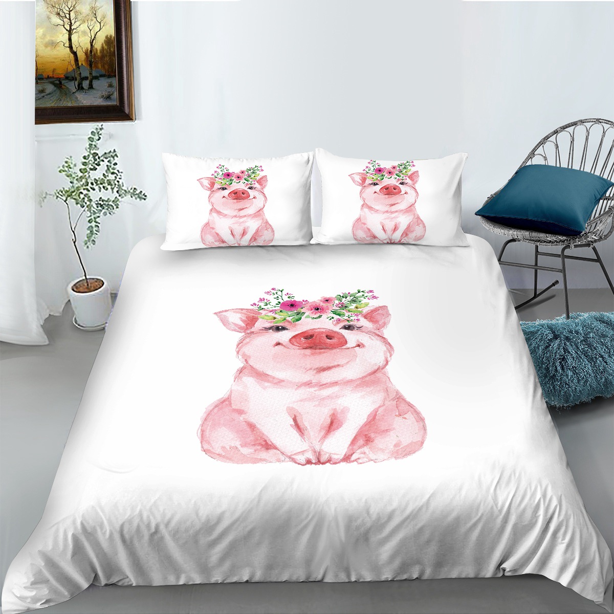 Kids Pig Bedding Set, Cute Cartoon Pigs Comforter Set for Kids Boys