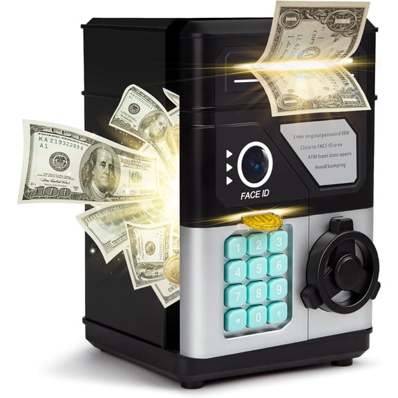 Kids Piggy Bank for Boys Girls, Electronic Safe Mini ATM Money Box with Password & Face ID Simulation, Christmas Birthday Gifts for 4-12 Year Old, Coin Bank