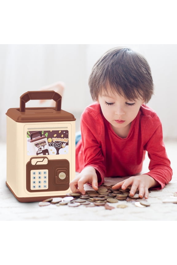 Kids Piggy Bank Electronic Money Box Safe with Password and Key Music Lights Large Capacity Toy ATM Savings Bank for Boys Girls Birthday Gift Brown