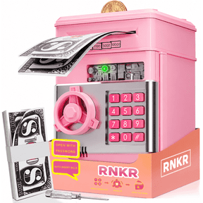 RNKR Kids Electronic Piggy Bank, Password Protected ATM with Auto Cash Roll, Coin Slot, Sound Effects and Secure Safe Box Toy, Pink