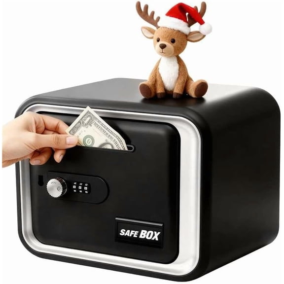 Kids Piggy Bank with Password Lock - Adults Mini Safe Box for Boys 8-12, Money Coin Bank Toy for Children, Secure Cash Can & Best Birthday for Kids, Black