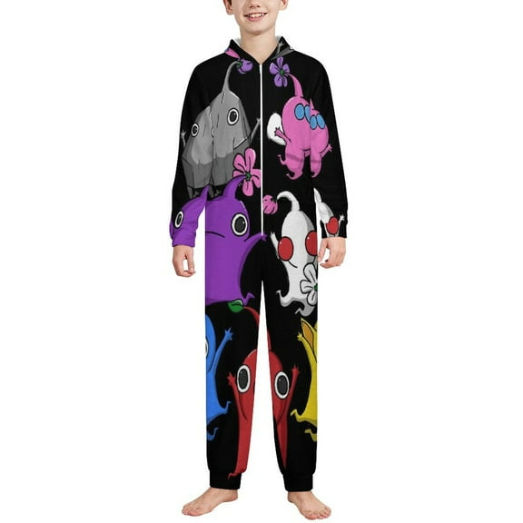 Kids Pikmin Onesie Pajamas Zip Up One Piece Hooded Sleepwear Fleece Jumpsuits for Boys Girls
