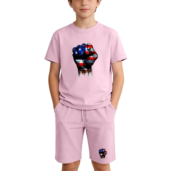 Kids Pink 4th of July T-Shirt and Shorts Set, Unisex Patriotic American Flag Graphic Cotton Crew Neck Summer 2 Piece Outfit for Boys Girls,Size 7 T