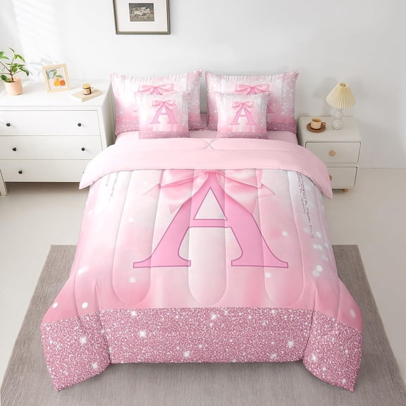 Kids Pink Bowknot Bed in A Bag Twin Size, Personalized Initial A Comforter Set with Sheets Princess Glitter 7 Pieces Bedding Set
