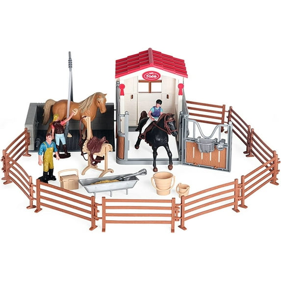 Horse Stable Play Toys with Horse Washing Area and Fence Toy Figures, 31 Piece Horse Playset, Horse Stable with Mustang Stallion, Horse Toys for Kids