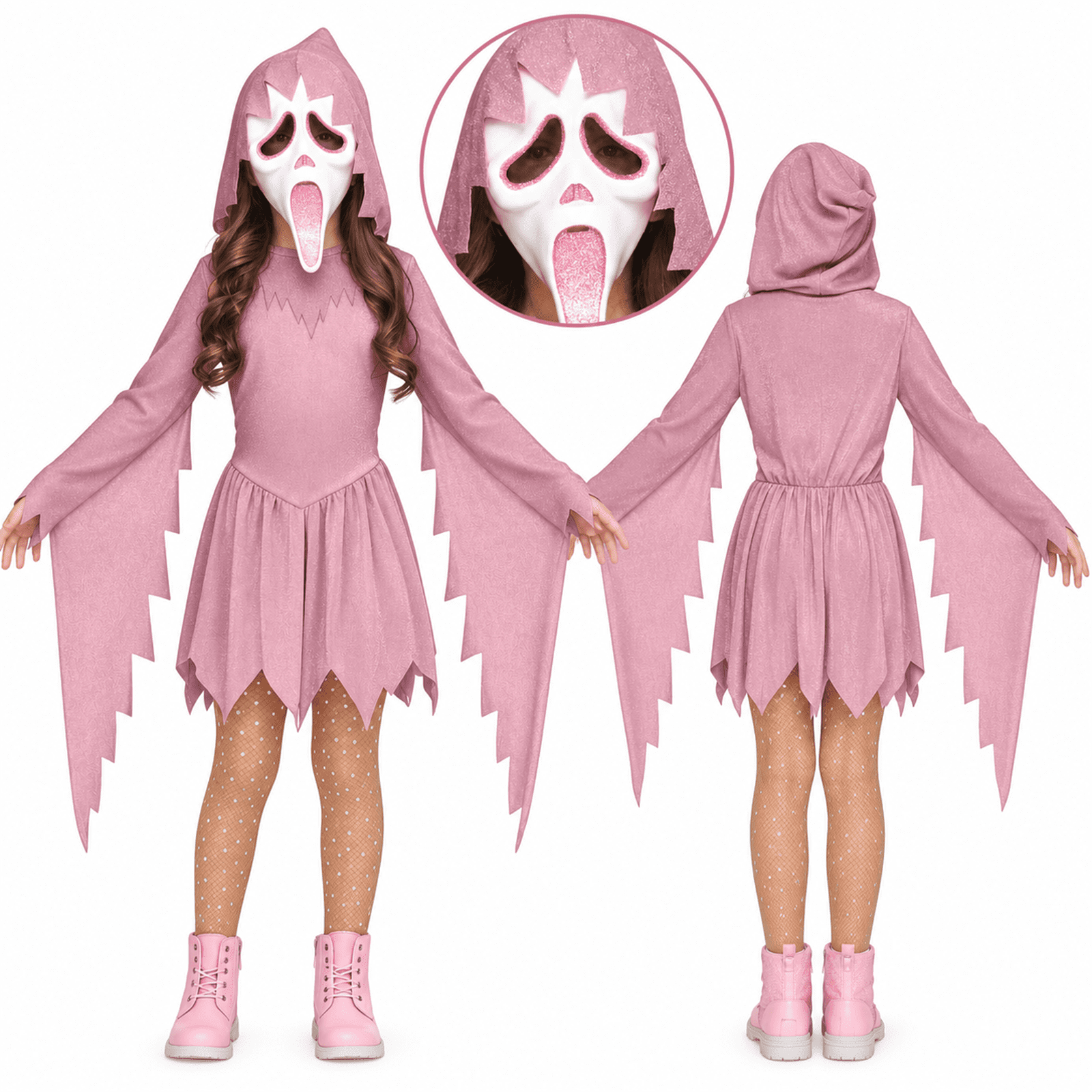 Kids Pink Ghost Dress with Hooded Mask Dress Glittery Long Sleeve