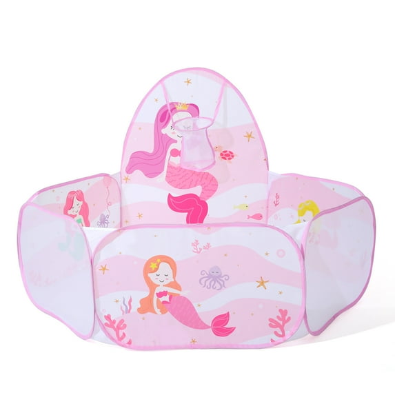 Kids Pink Mermaid Ball Pit Large Pop Up Childrens Ball Pits Tent for Toddlers Playhouse Baby Crawl Playpen with Basketball Hoop and Zipper Storage Bag, Balls Not Included