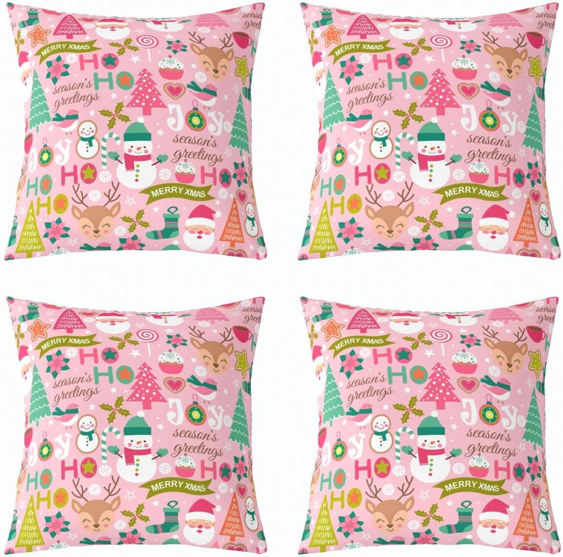 Kids Pink Merry Christmas Reversible Throw Pillow Covers 20 x 20-Inch Merry Christmas Tree and Snowman Square Cushion Covers Set of 4 for Decor Xmas Pillow Covers Home Decor Snowflake Holiday