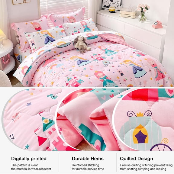 Kids Pink Princess Comforter Set Bed in a Bag Twin Size 7 Piece Princess Fairy Tales Castle Bedding Set for Girls