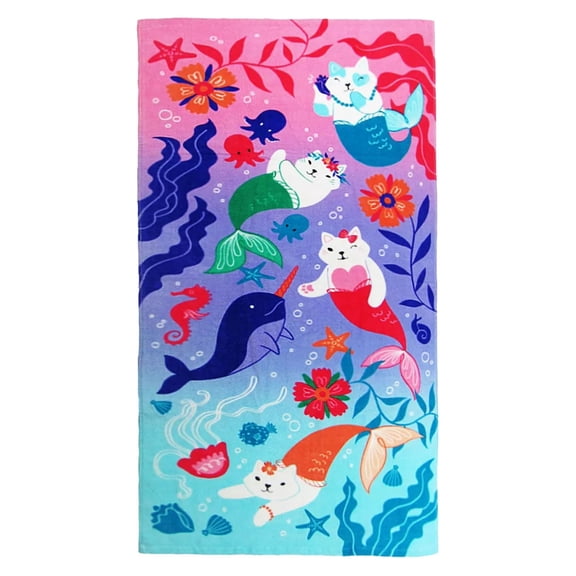 Kids Pink Purr Maid Mer-Kittens Cotton Beach Towel, 28x58 Kitty Cats