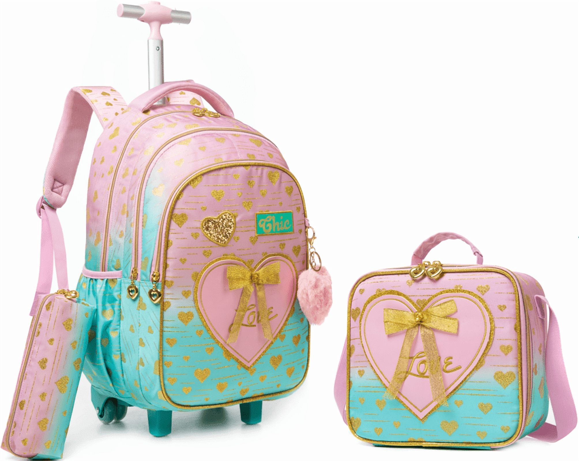 Kids Pink Rolling Backpacks for Girls with Wheels Roller School for Backpack with Lunch Bag Pencil Case for Ages 6-12