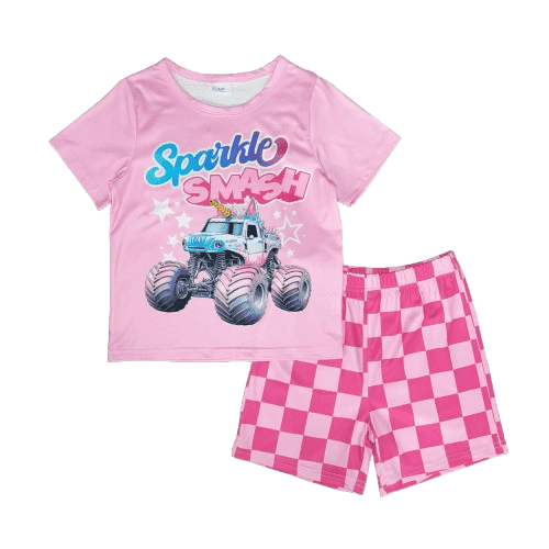 Girls Pink Glitter Truck T-Shirt & Checkered Shorts Set 2Pcs Casual Summer Clothes From 18m-6y