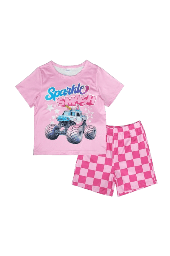 Kids' Pink "Sparkle Smash" Car Print T-Shirt & Checkered Shorts Set 2Pcs Casual Summer Clothes From 18m-6y