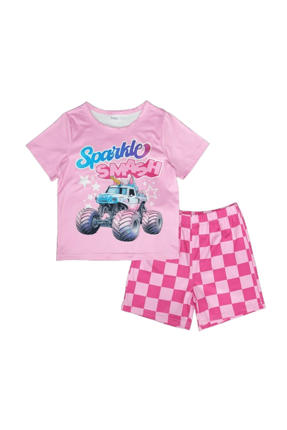 Kids' Pink "Sparkle Smash" Car Print T-Shirt & Checkered Shorts Set 2Pcs Casual Summer Clothes From 18m-6y