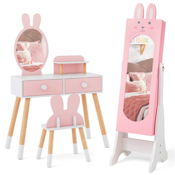 Kids Pink Vanity Set Princess Makeup Dressing Table And Chair Set With Jewelry Armoire