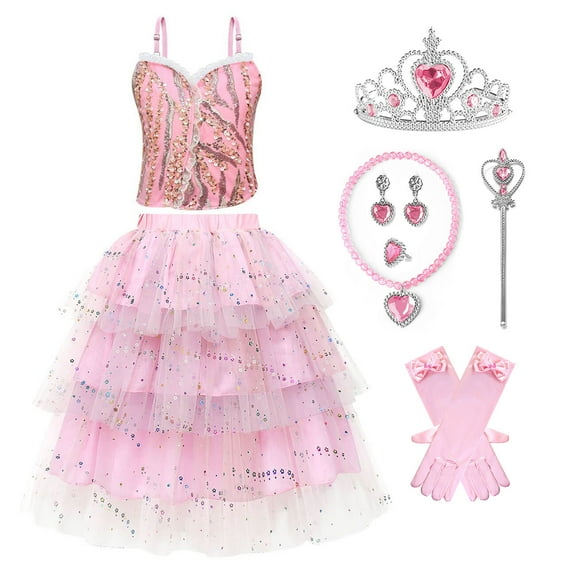 Kids Pink Witch Costume Glinda Dress For Girls Tank Tops Skirt Set