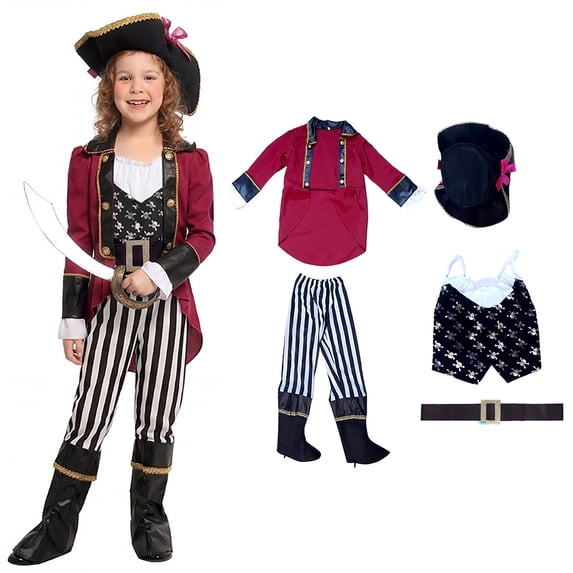 Kids Pirate Costumes Coat Top Hat Waist Belt Pants with Boot CoversSet Girl Dress Up Clothes for Play Kids Girls Halloween Costumes
