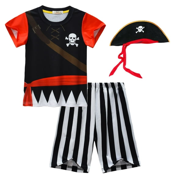 Kids Pirate Outfits Set T-shirt Short Pants Birthday Dress Up for 4-9Y