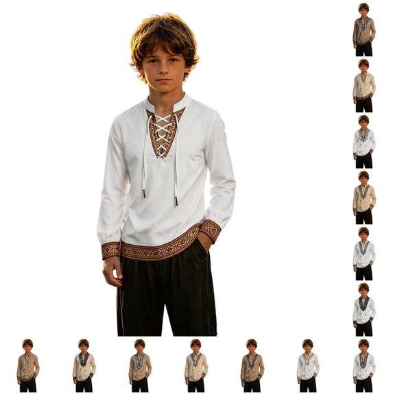 Kids Pirate Shirts Viking Retro Lace-up Shirt for Boys Halloween Party Dress up 4T