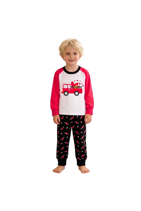 Kids Pjs Boys Valentines Day Pjs Long Sleeve Heart Print Crewneck Loungewear Size 6-7 Years Boys Pajamas