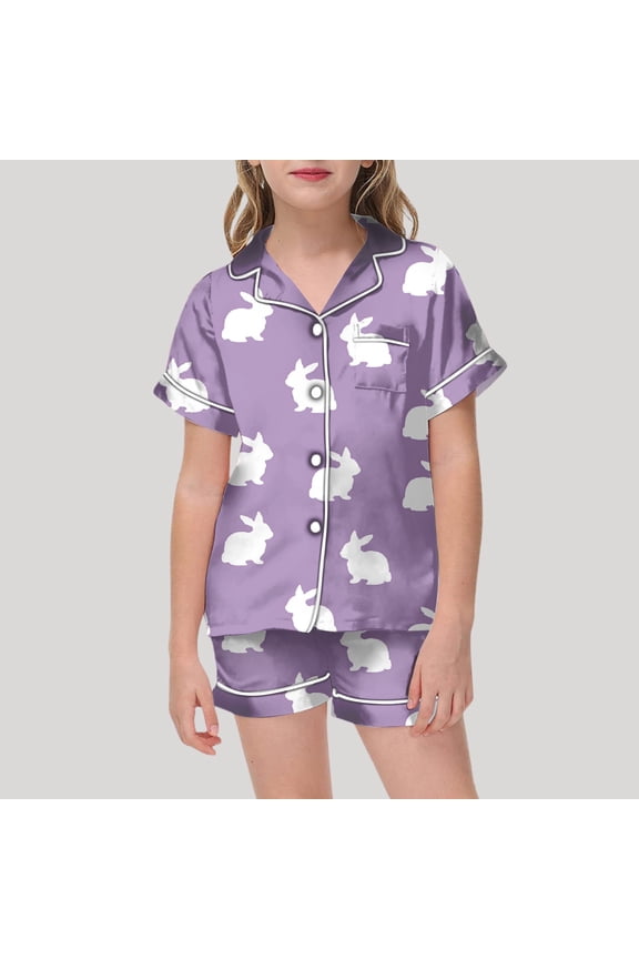 Kids Pjs Girls Easter Pajamas Boys Easter Egg Printed Short Sleeve Button-Down Nightwear Kids Pajama Set for Toddler Girls 8-9 Years