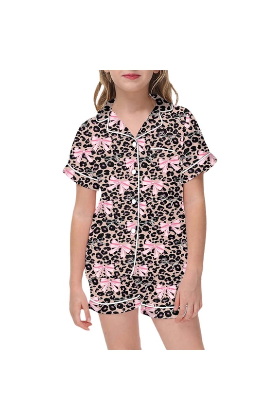 Kids Pjs Girls Leopard Print Long Sleeve Pajama Set Button Down Top and Shorts Two Piece Sleepwear Soft for Toddlers Khaki 8 Years-9 Years