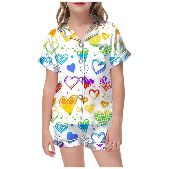 Kids Pjs Girls Valentines Pajamas for Children Heart Print Short Sleeve Button Down Top and Shorts Two Piece Sleepwear with Pockets Yellow 4 Years-5 Years
