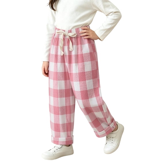 Kids Plaid Check Loose Straight Pants, Drawstring Elastic Waist Lightweight Breathable Cotton Trousers for Boys Girls Spring Summer School Daily Outdoor Wear(Pink,2-3 Years)