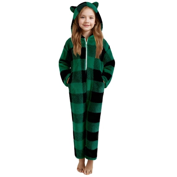 Kids Plaid Fleece Onesie Sleepwear Boys Girls Fuzzy Cute Ear Hooded Jumpsuit Full Zip Warm Winter Sleepwear with Pockets 5-15Y