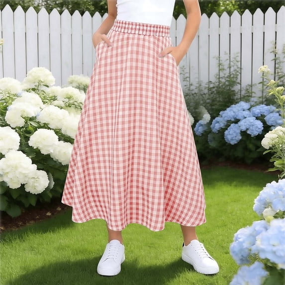 Kids‘ Plaid Maxi Skirt with Pockets, Casual Comfort Stretch Waist for School and Playground 5-15 Years Pink 11-12 Years
