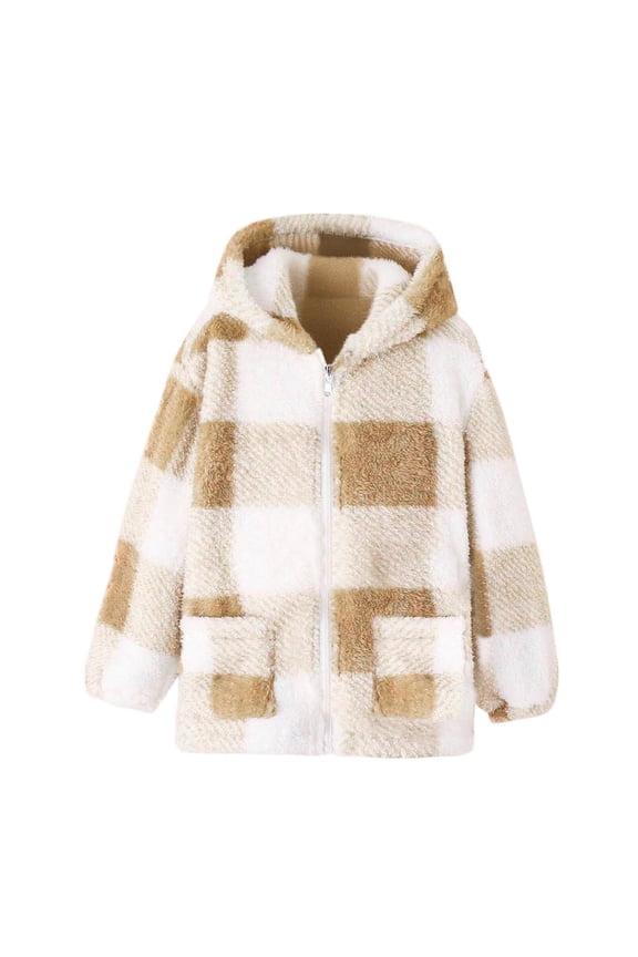 Kids Plaid Plush Coats Zip up Soft Fuzzy Fleece Hooded Jackets Boys Girls Fall Winter Thick Outwear with Pockets