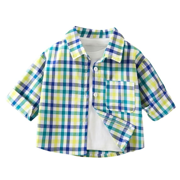 Kids Plaid Shirt with Pocket Button-Up Casual Top Twin Needle Stitching Boys Checkered Print Chest Pocket T-Shirt