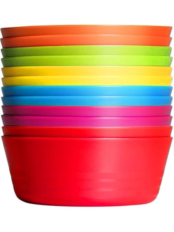 Kids Plastic Bowls Set of 12 Children Bowl 10 Ounce Microwave Dishwasher Safe BPA Free Non Toxic Toddler Bowls 6 Bright Colors for Cereal, Soup, Snack Great Plastic Bowls for Kids & Toddlers
