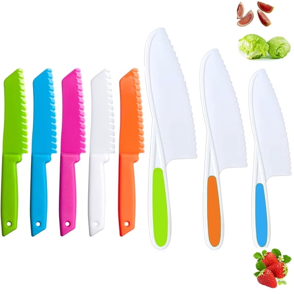 Kids Plastic Kitchen Knives Yahome 8 Pcs Colored Knife Set Children's Safe Cooking Knives Child Proof Knife with Serrated Edges for Kids Beginners Fruits, Bread & Vegetables Kitchen