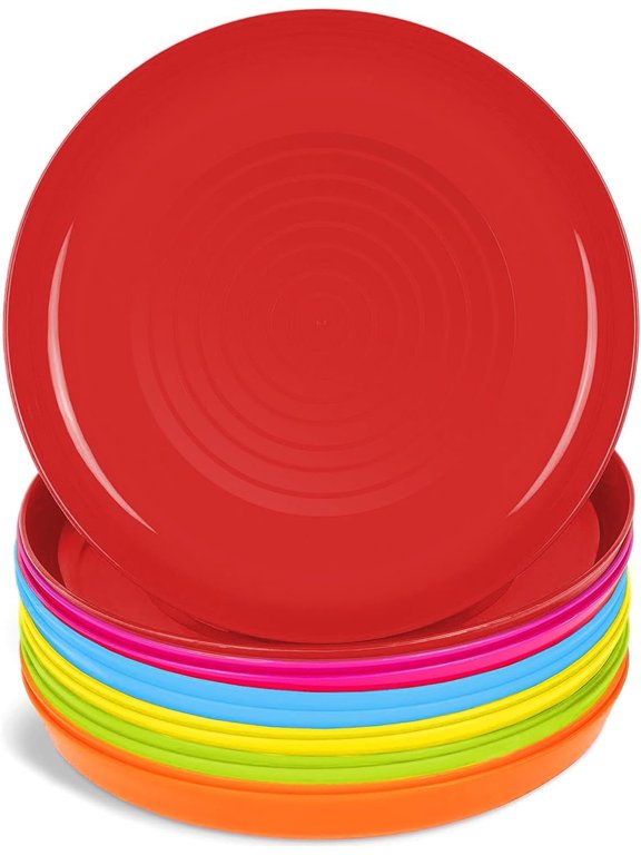 Kids Plates Set of 12 Toddler Plastic Plates - BPA FREE Microwave and Dishwasher Safe Reusable Plastic Children's Plates Brightly Colored 7 Inch Dinner Plates