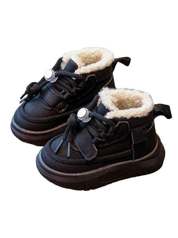 Kids Platform Snow Boots Trendy Lace up Fuzzy Lined Ankle Booties Boys Girls Comfy Chunky Soft Sole Winter Short Boots 9.5 Toddler Black