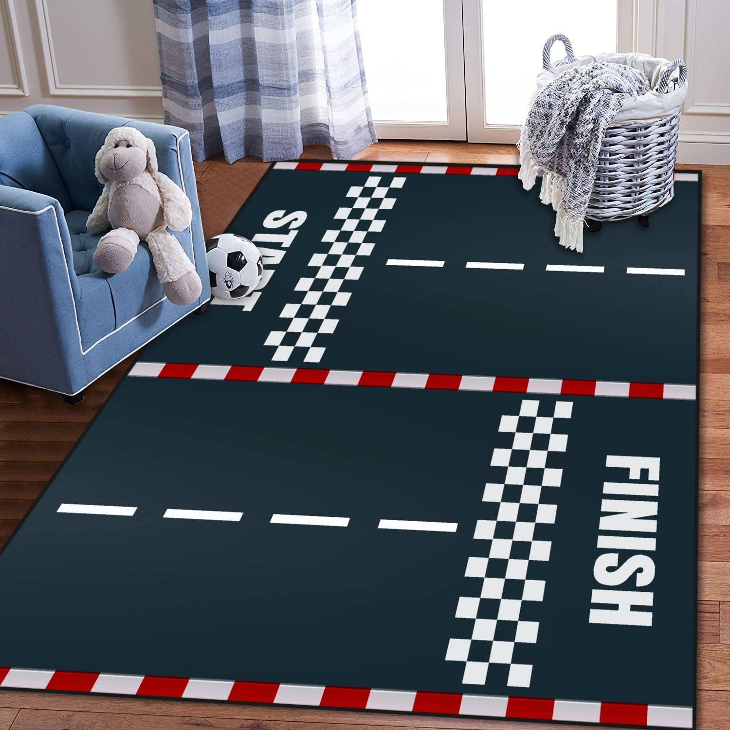 Kids Play Area Rugs Start and Finish line Racing Track Marking Car or