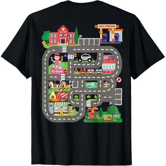 Kids Play Cars on Dad's Back Funny Father's Day Race Track T-Shirt ,Black Color,Size M