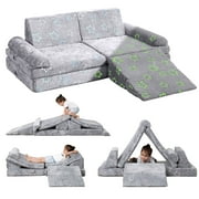 Kids Play Couch 9 pcs Sofa, Glow in The Dark Toddler Play Sofa for Playroom, Creative Kids Multifunctional Play Sofa, Grey